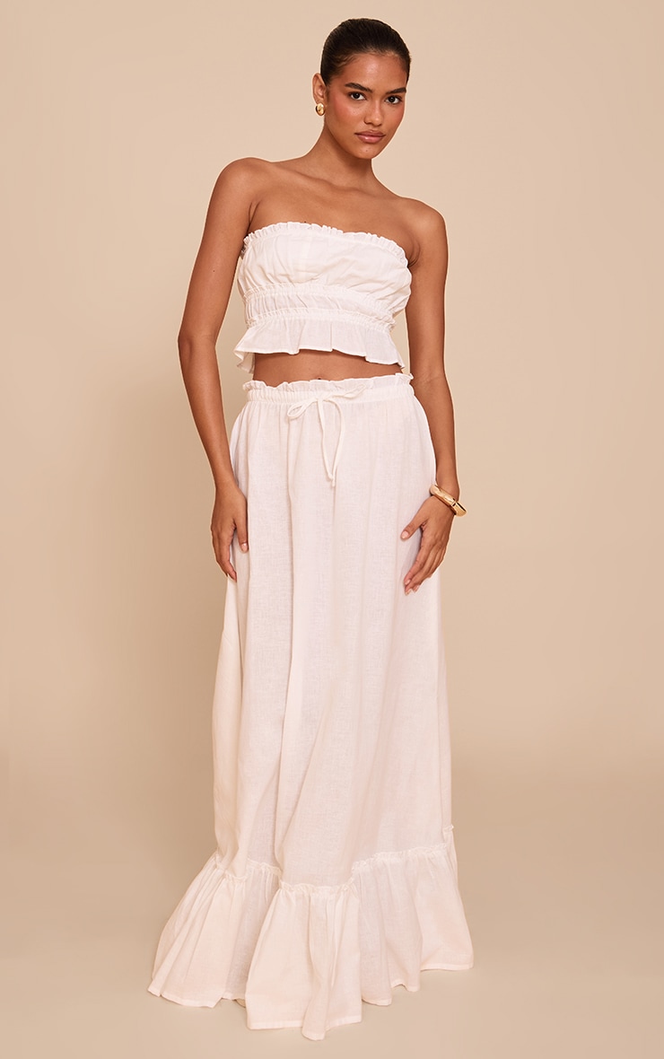 White Linen Blend Shirred Waist Maxi Skirt image 1