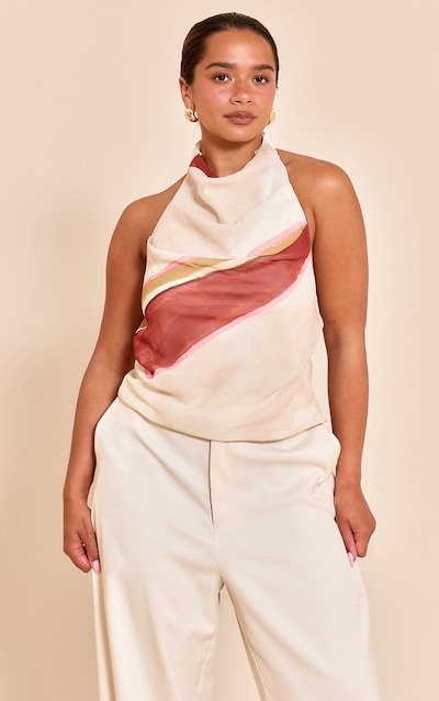 Shape Rust Marble Print Chiffon High Cowl Neck Top