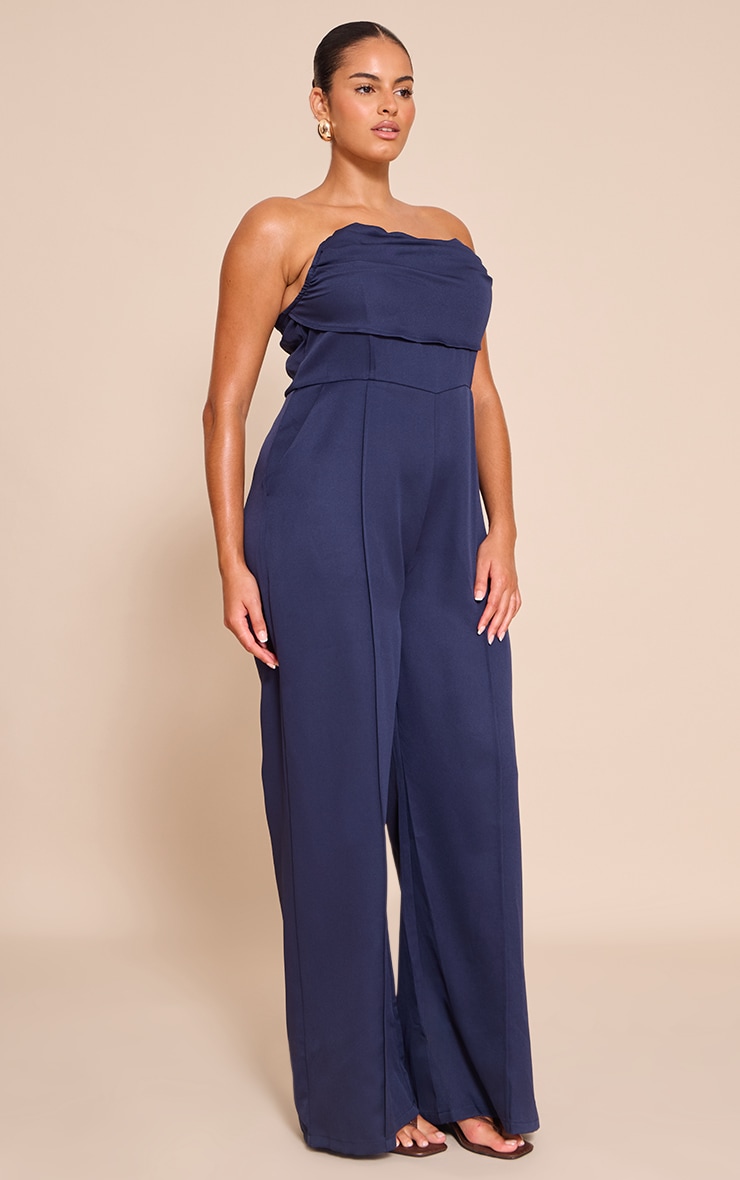 Plus Navy Bandeau Cowl Neck Pocket Detail Jumpsuit image 3