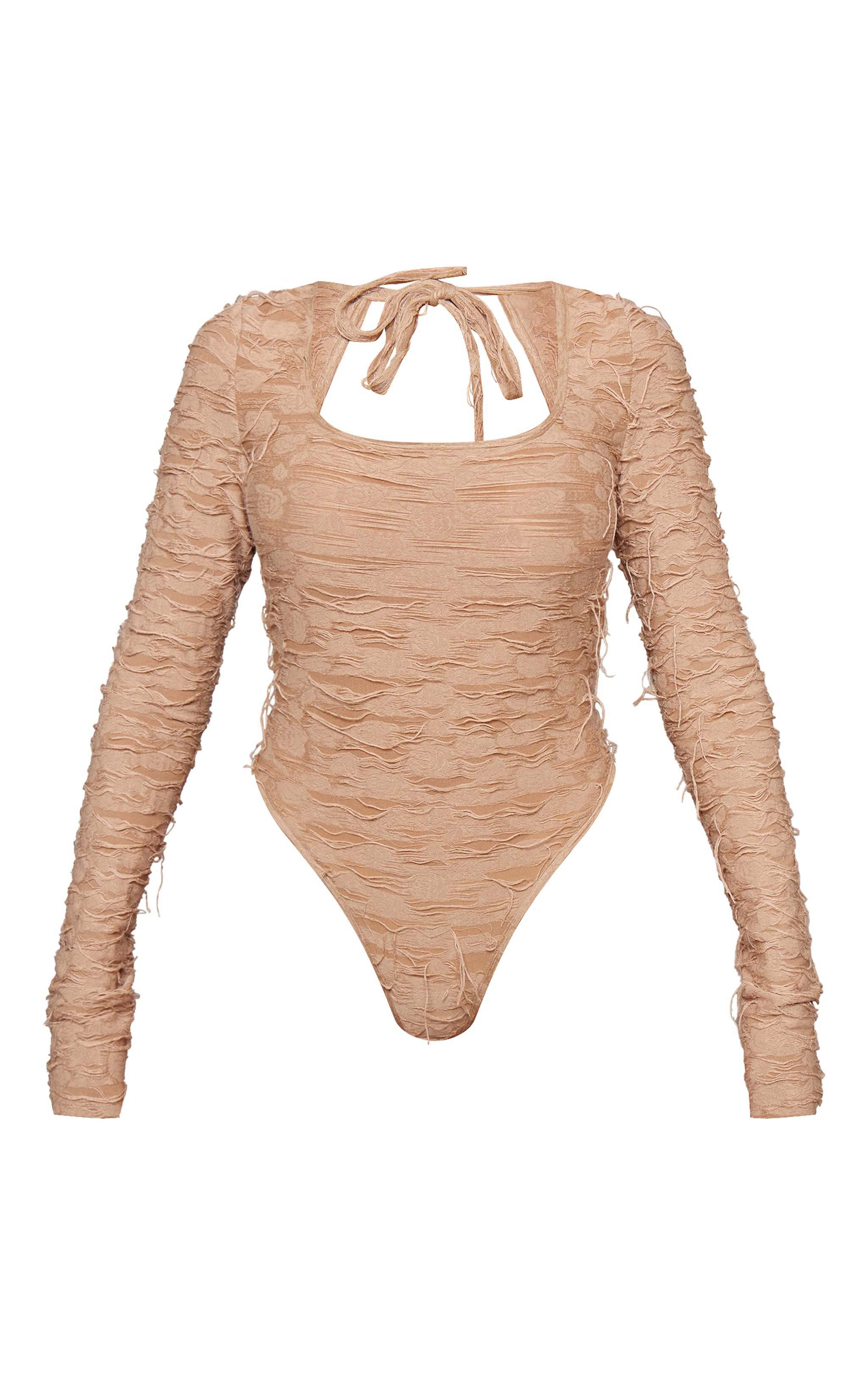 Taupe Textured Distressed Jersey Open Back Bodysuit