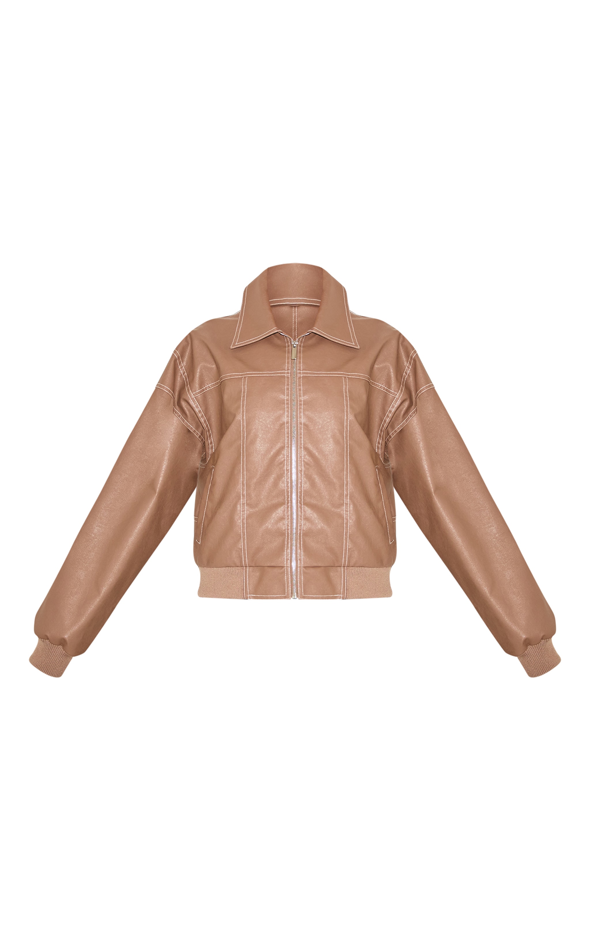 Deep Taupe Faux Leather Stitch Detailing Biker Jacket image 5