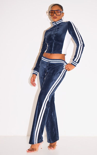 Navy Straight Leg Velvet Joggers