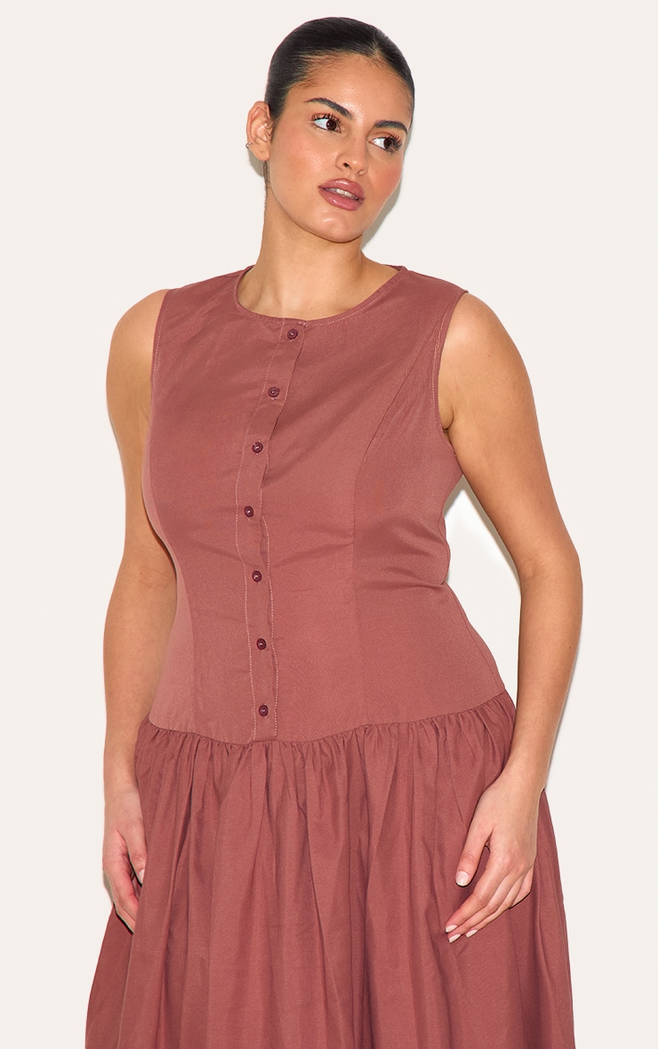 Plus Brown Button Down Drop Waist Maxi Dress image 4