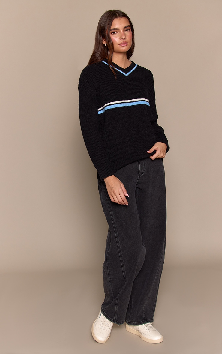 Black V Neck Stripe Sporty Jumper image 3