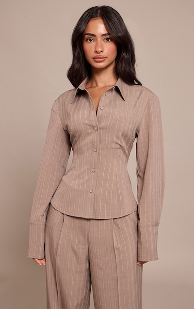 Petite Taupe Pinstripe Oversized Shirt