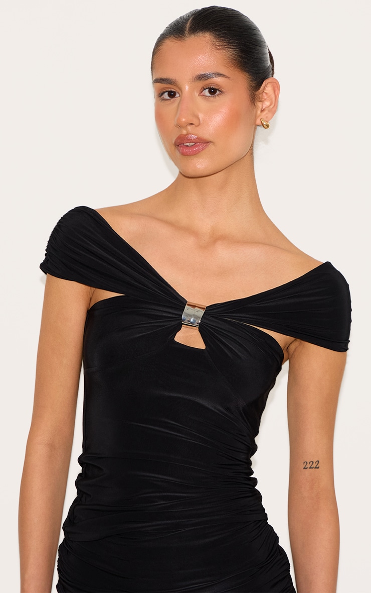 Tall Black Double Layer Slinky Trim Detail Bardot Long Top image 4
