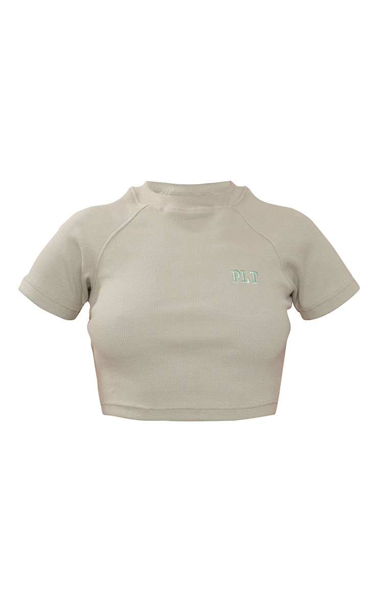 PRETTYLITTLETHING Sage Khaki Embroidered Ribbed Crop T shirt image 3