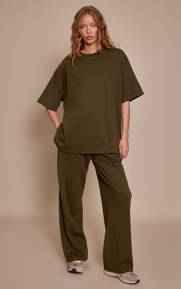 Olive Green Jersey Mid Rise Wide Leg Pants image 1