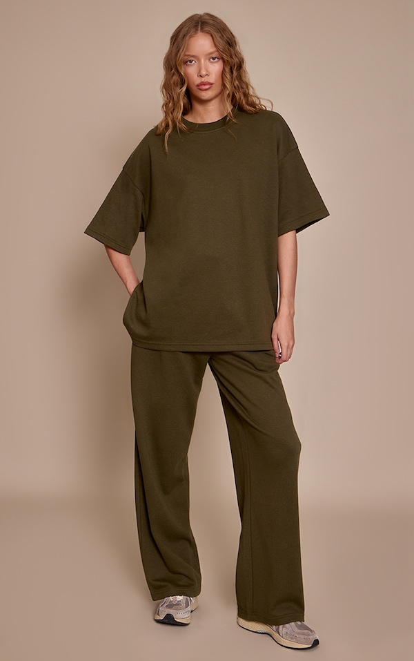 Olive Green Jersey Mid Rise Wide Leg Pants