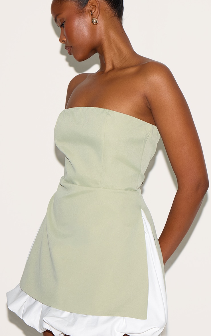 Sage Green Tailored Bandeau Puffball Hem Shift Dress image 4