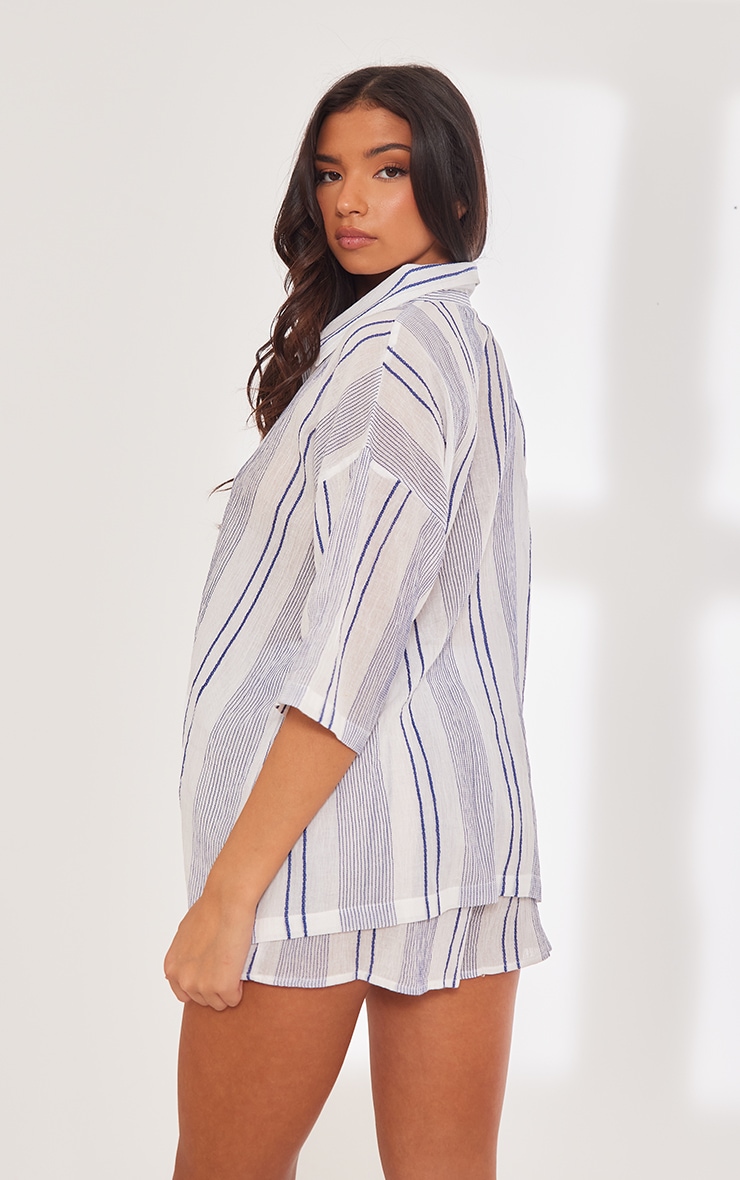 White Textured Linen Look Striped Oversized Short Sleeve Shirt image 2