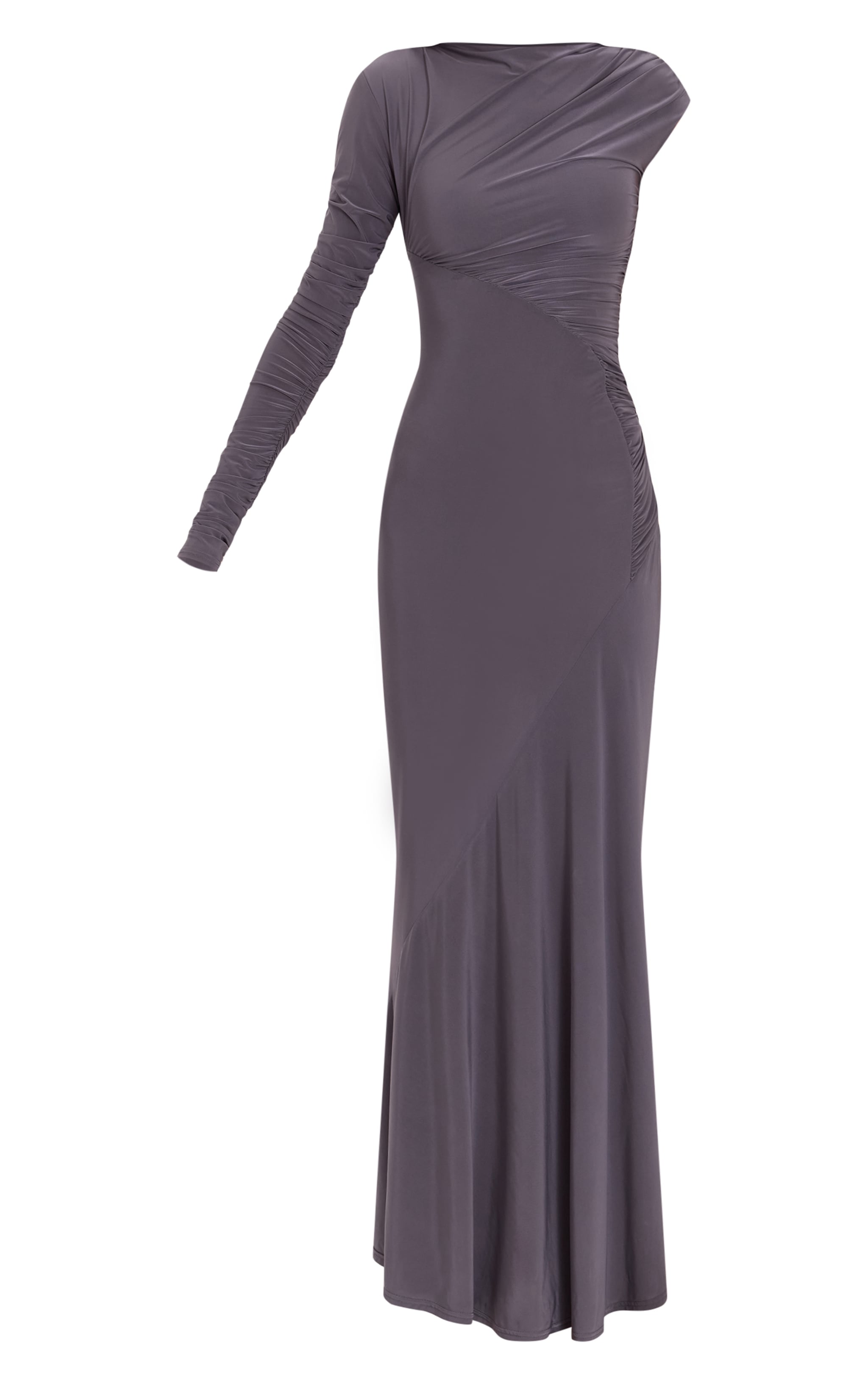 Slate Grey Slinky Ruched Seam Asymmetric Maxi Dress image 5