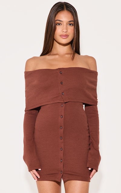 Chocolate Rib Fold Over Bardot Button Mini Dress