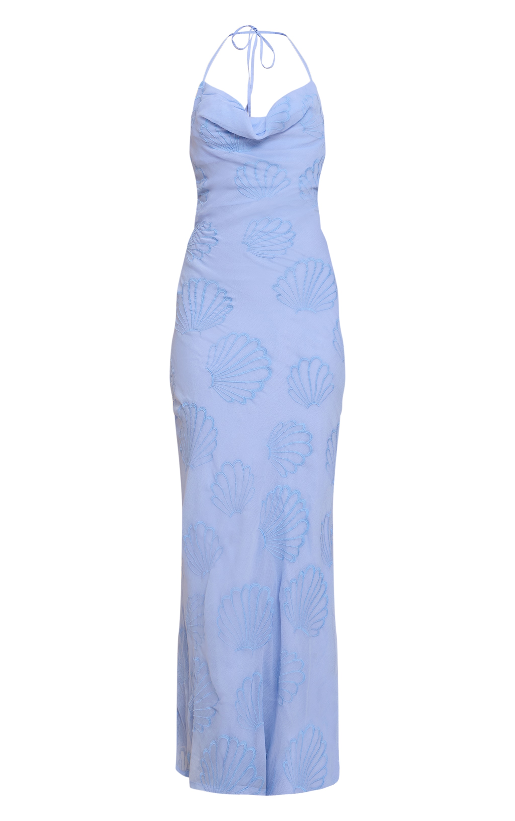  Pale Blue Chiffon Shell Embroidered Cowl Maxi Dress image 5