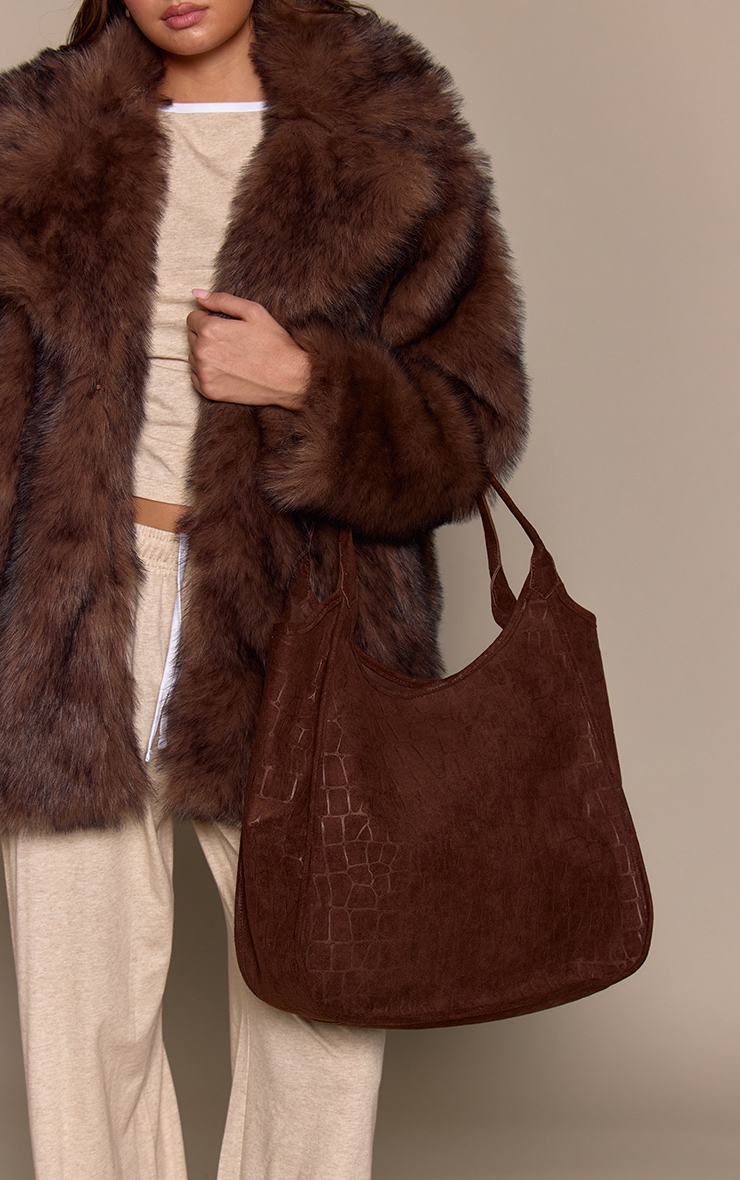 Chocolate Croc Suede Oversized Tote Bag image 1