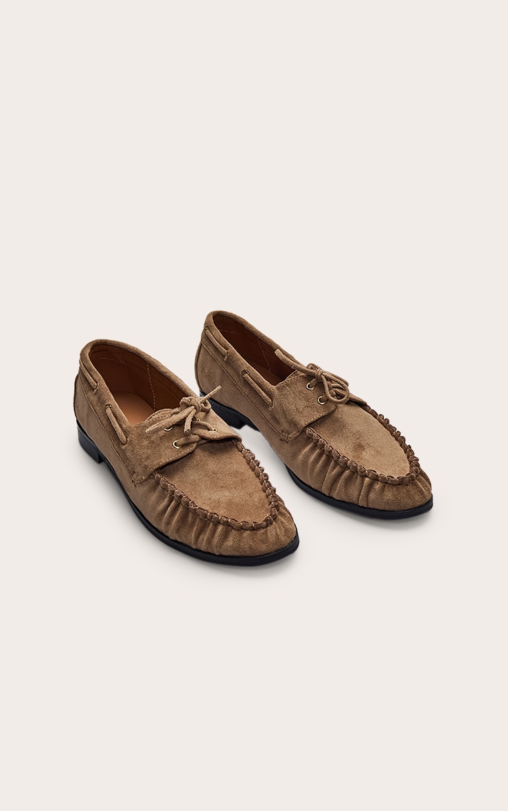 Taupe Faux Suede Ruched Lace Up Loafer image 3