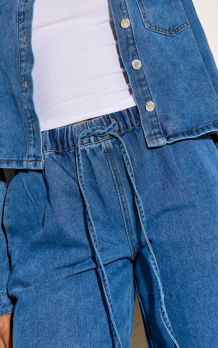 Mid Blue Relaxed Tie Waistband Wide Leg Jeans image 4