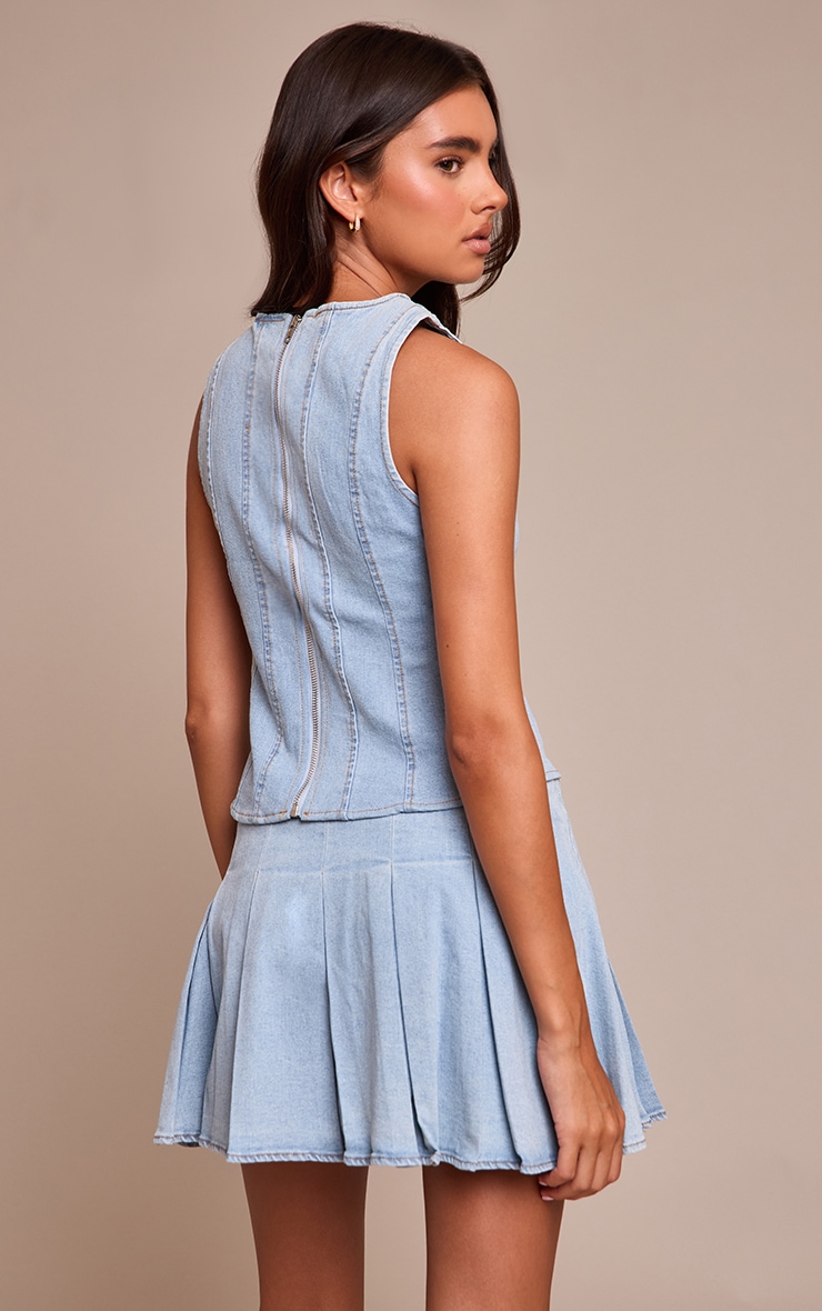 Light Blue Seam Detail Sleeveless Denim Top image 2