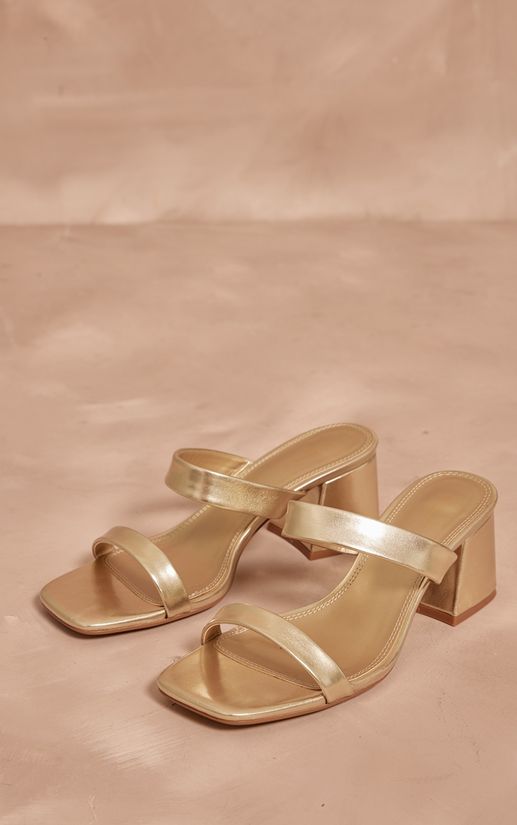 Gold PU Wide Fit Square Toe Block Heeled Mules image 2