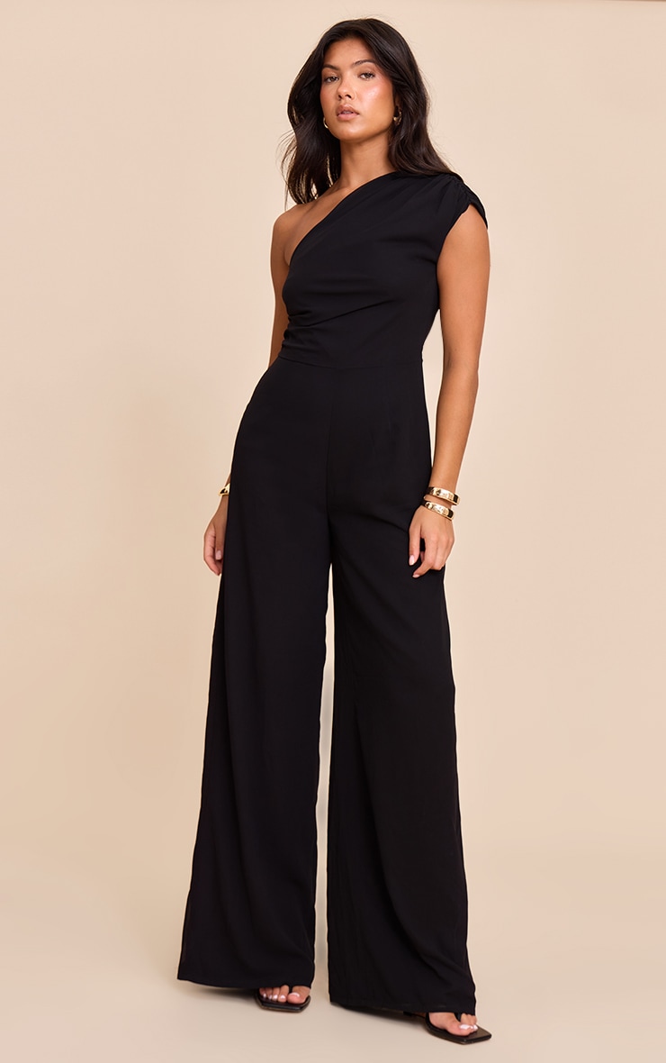 Black Chiffon One Shoulder Ruched Jumpsuit image 1