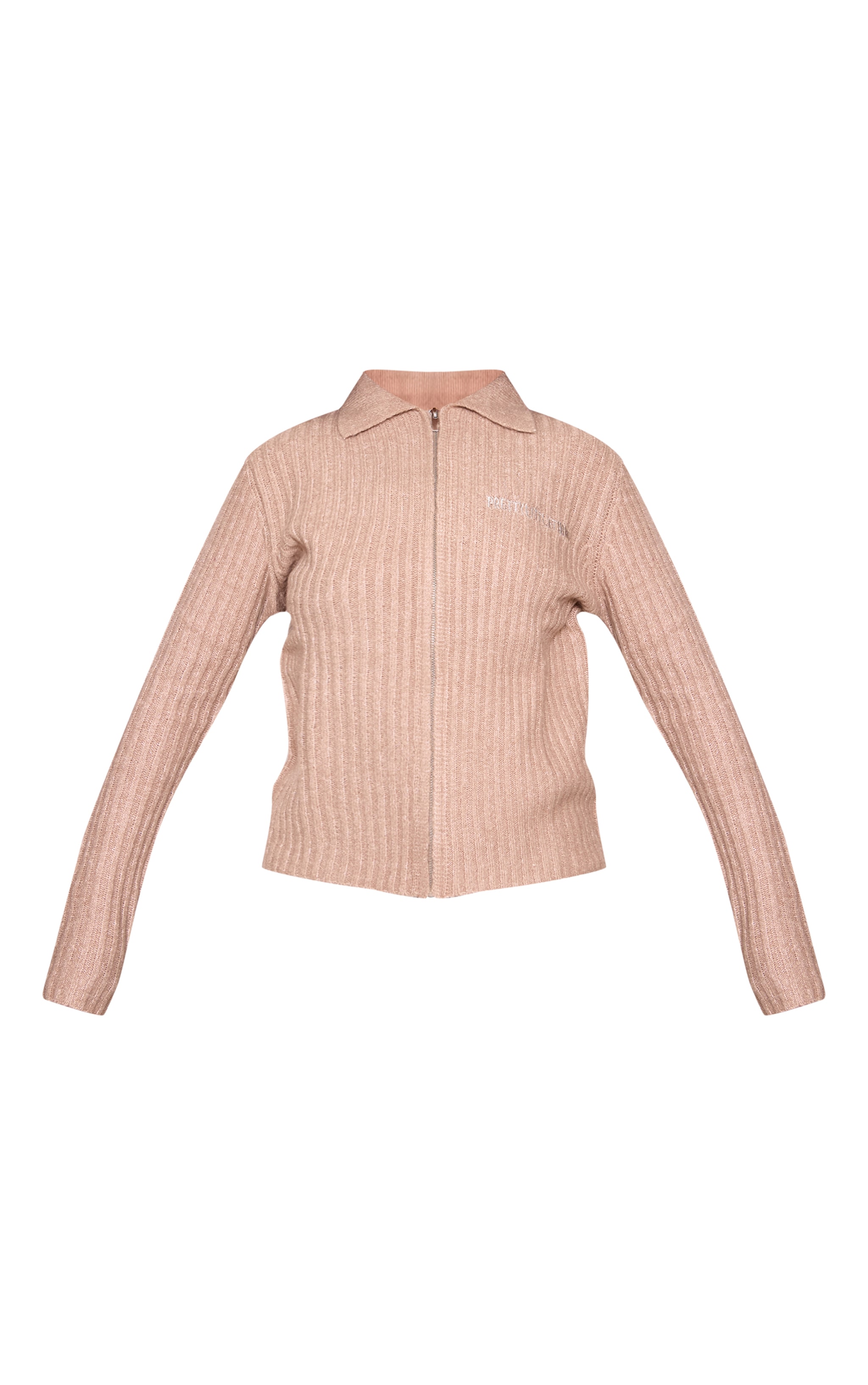 PRETTYLITTLETHING Taupe Rib Knit Collar Detail Zip Up Cardigan image 5