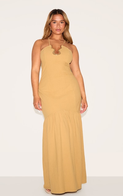 Shape Robe longue en effet lin kaki à empiècement doré en vagues et taille tombante