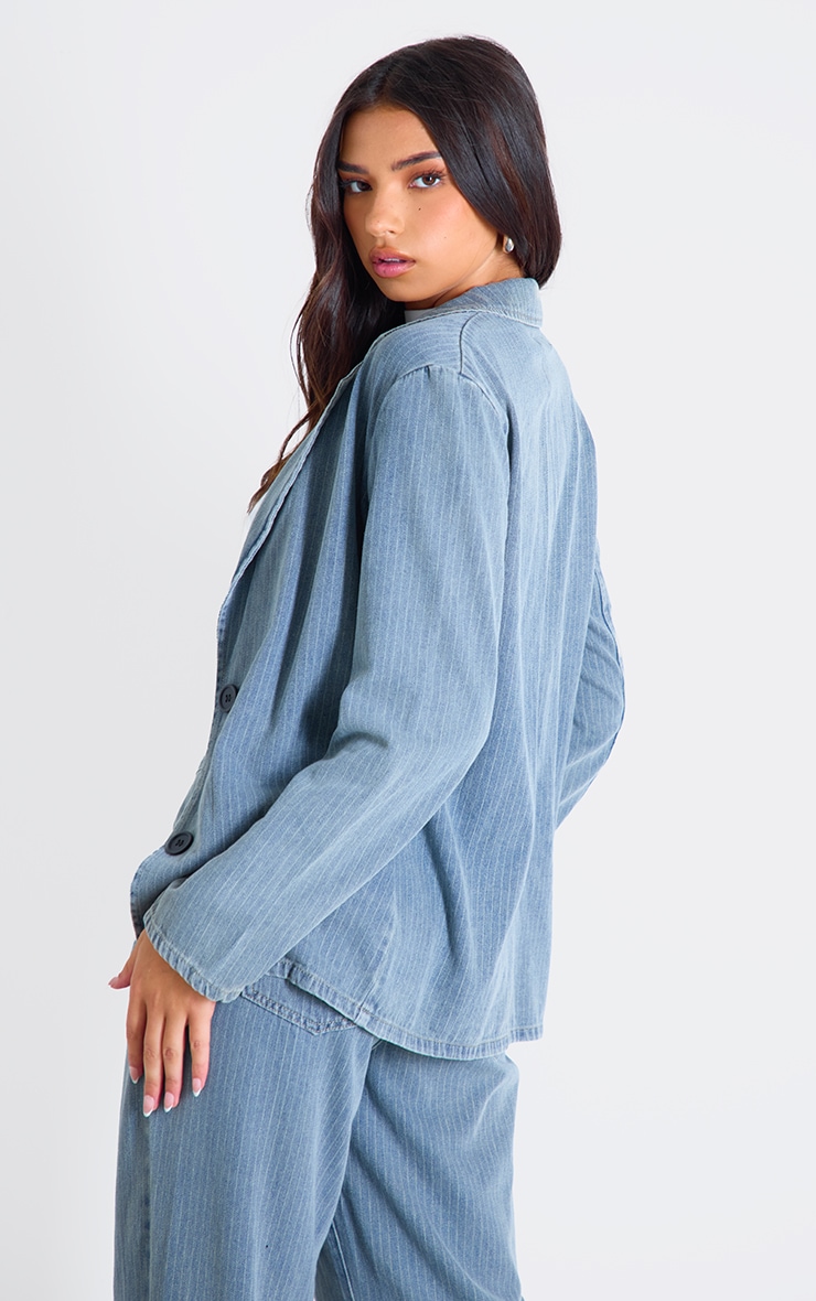 Blazer en jean léger délavé bleu oversize à fines rayures image 2