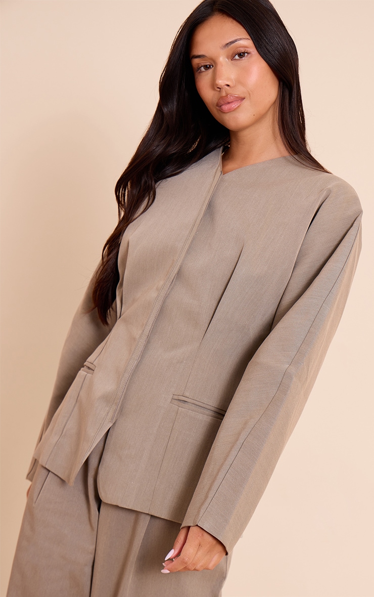 Light Grey Premium Woven Tailored Collarless Blazer
