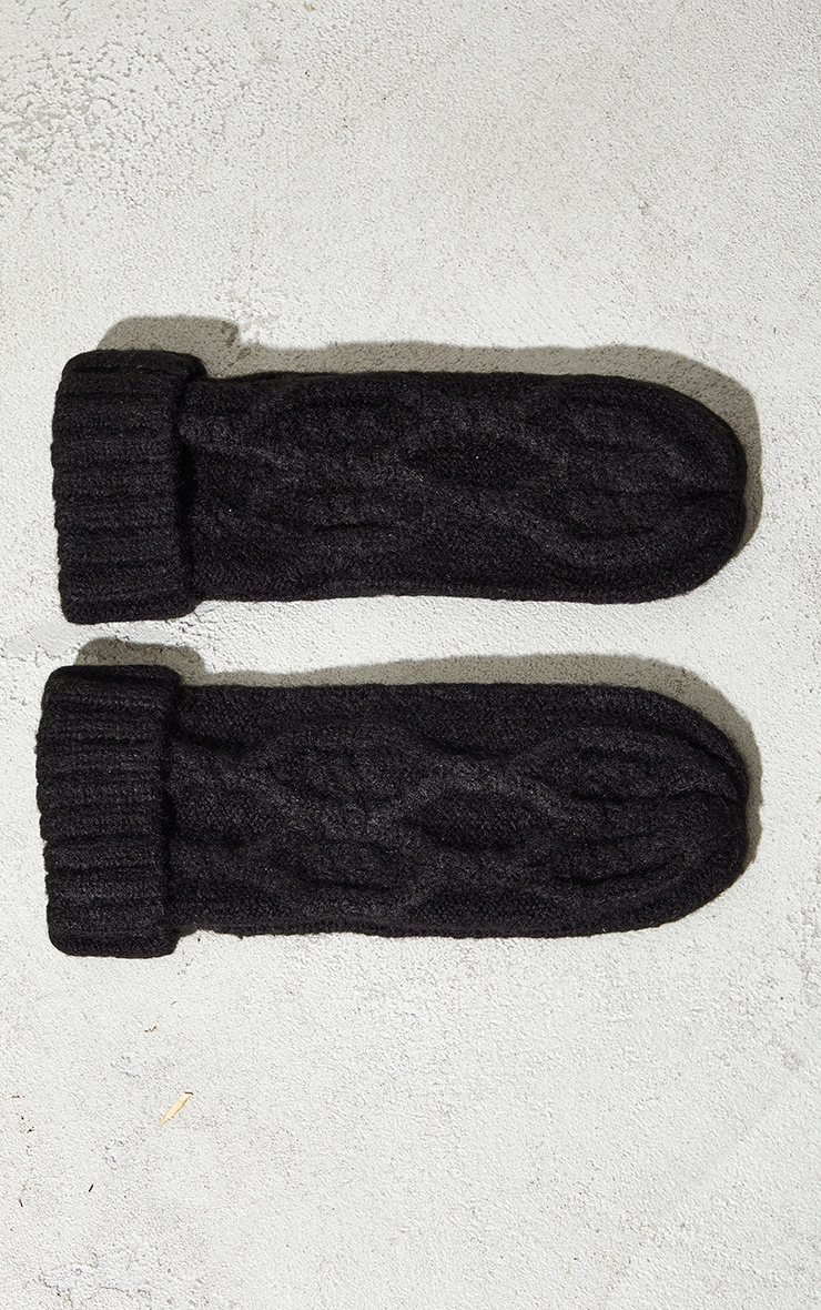 Black Chunky Cable Knit Mittens image 1