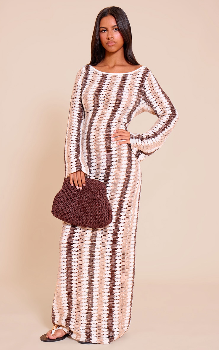 Petite Chocolate Crochet Stripe Long Sleeve Maxi Dress image 1