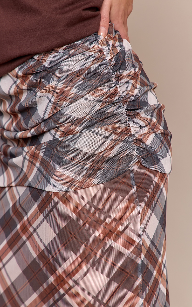 Brown Check Print Mesh Overlay Maxi Skirt image 4
