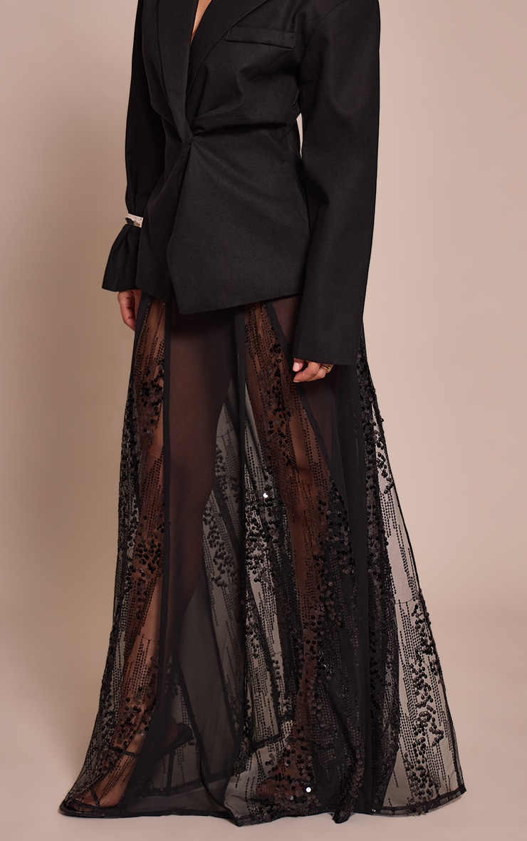 Petite Black Contrast Sequin Flowy Maxi Skirt image 2