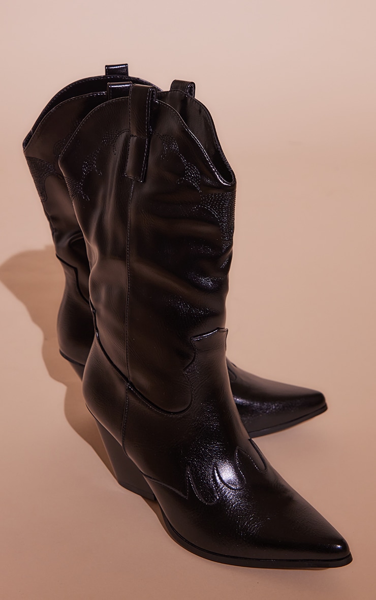 Black Faux Leather Patent Flame Toe Western Calf Boots image 3