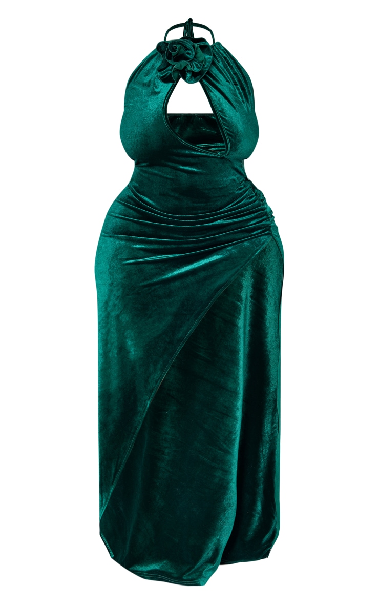 Plus Emerald Green Velvet Rose Detail Asymmetric Midi Dress image 1