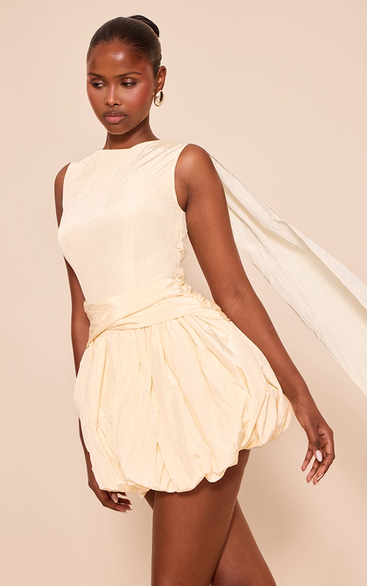 Cream Textured Wrap Draped Mini Puff Ball Dress image 3