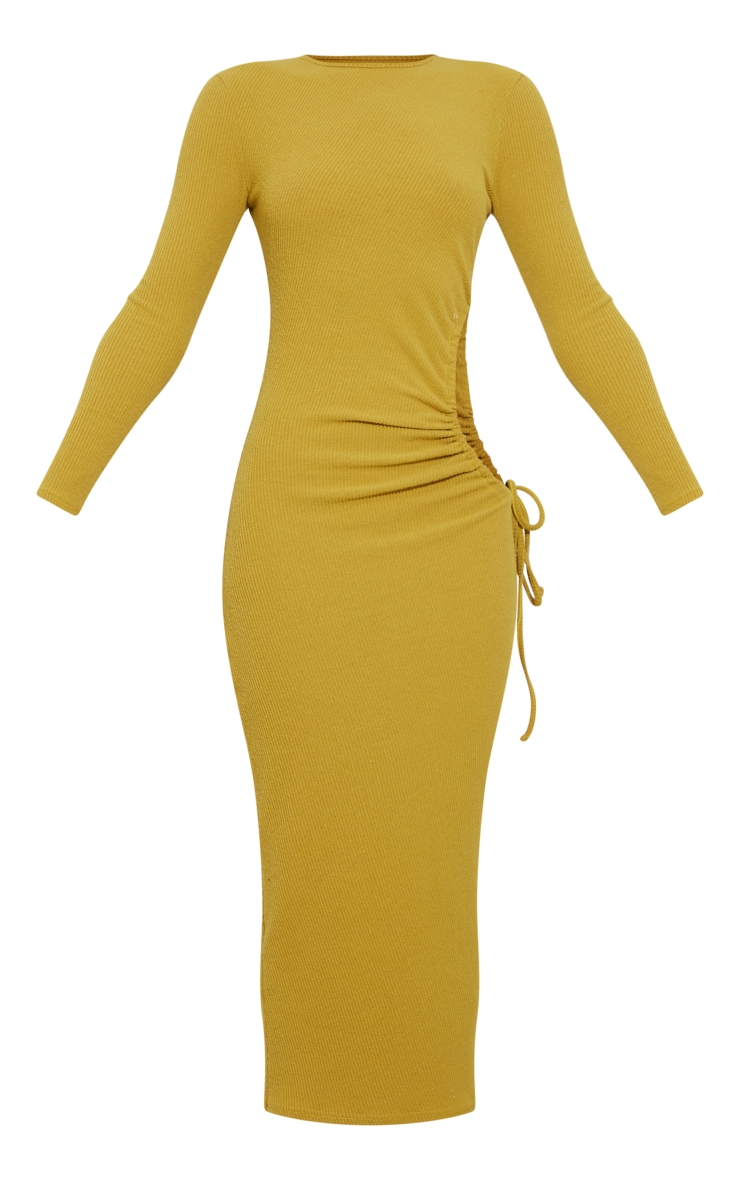 Olive Brushed Rib Ruched Cut Out Midaxi Dress image 5
