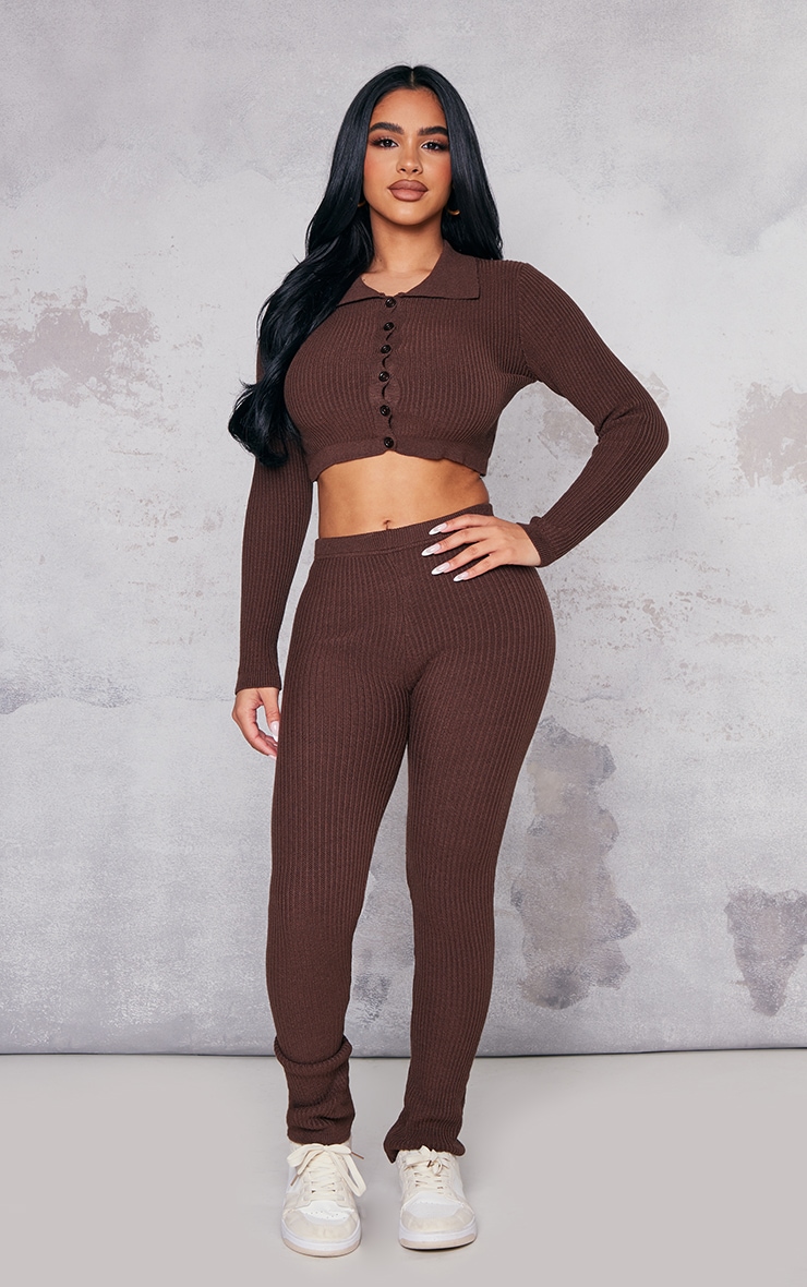 Petite Chocolate Knitted Rib Cropped Cardigan image 3