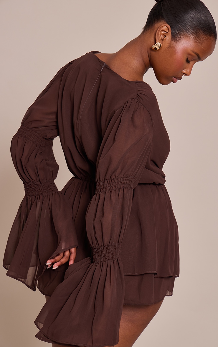 Chocolate Chiffon V Neck Long Ruched Sleeve Romper image 2