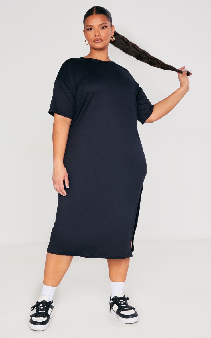 Plus Black Oversized Midi T Shirt Dress | Plus Size | PrettyLittleThing USA