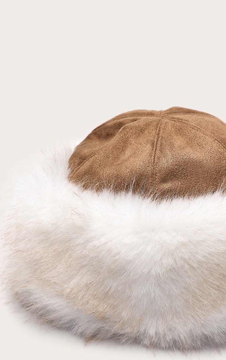 Tan Extended Faux Fur Trim Bucket Hat image 3