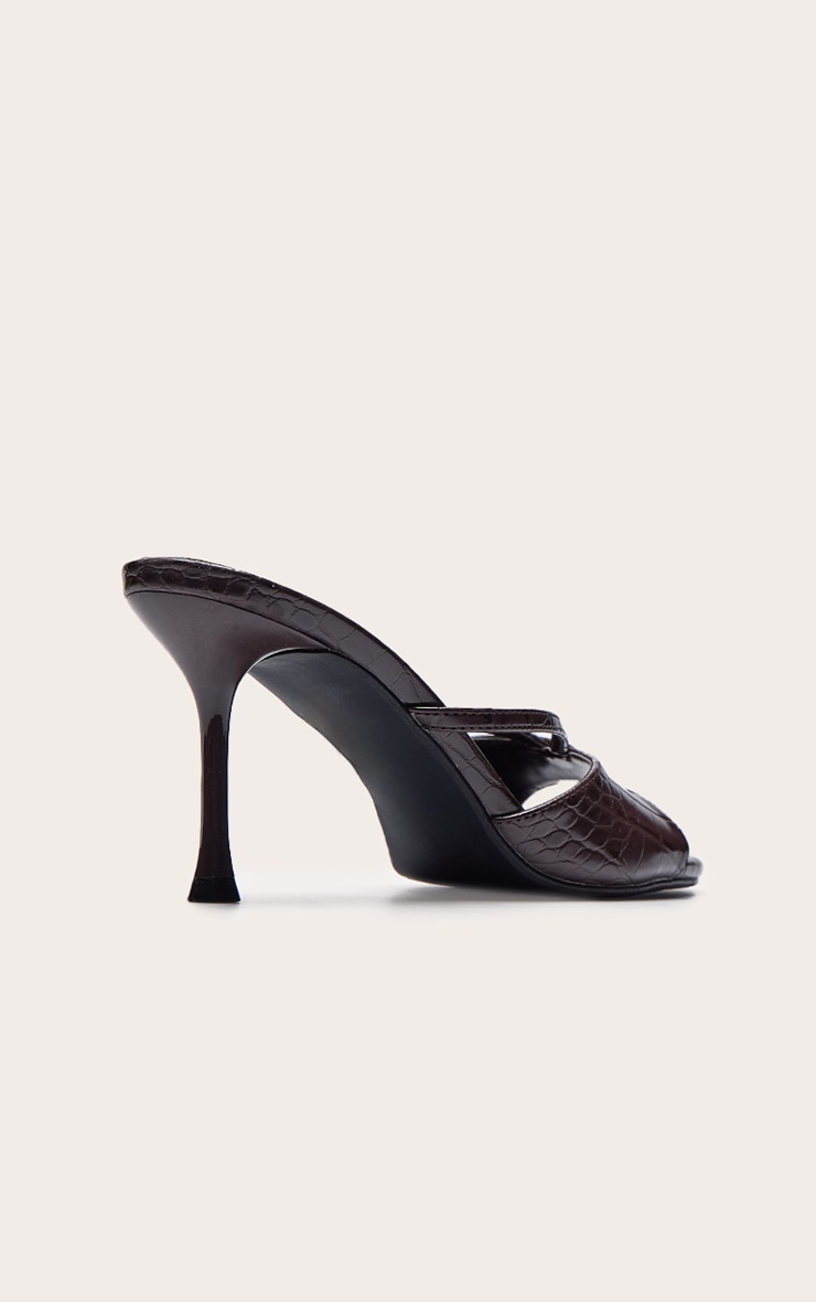 Chocolate Croc Pu Round Toe Cut Out Strap Mid Heeled Mules image 4
