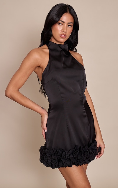 Black Satin High Neck Frill Detail Mini Dress