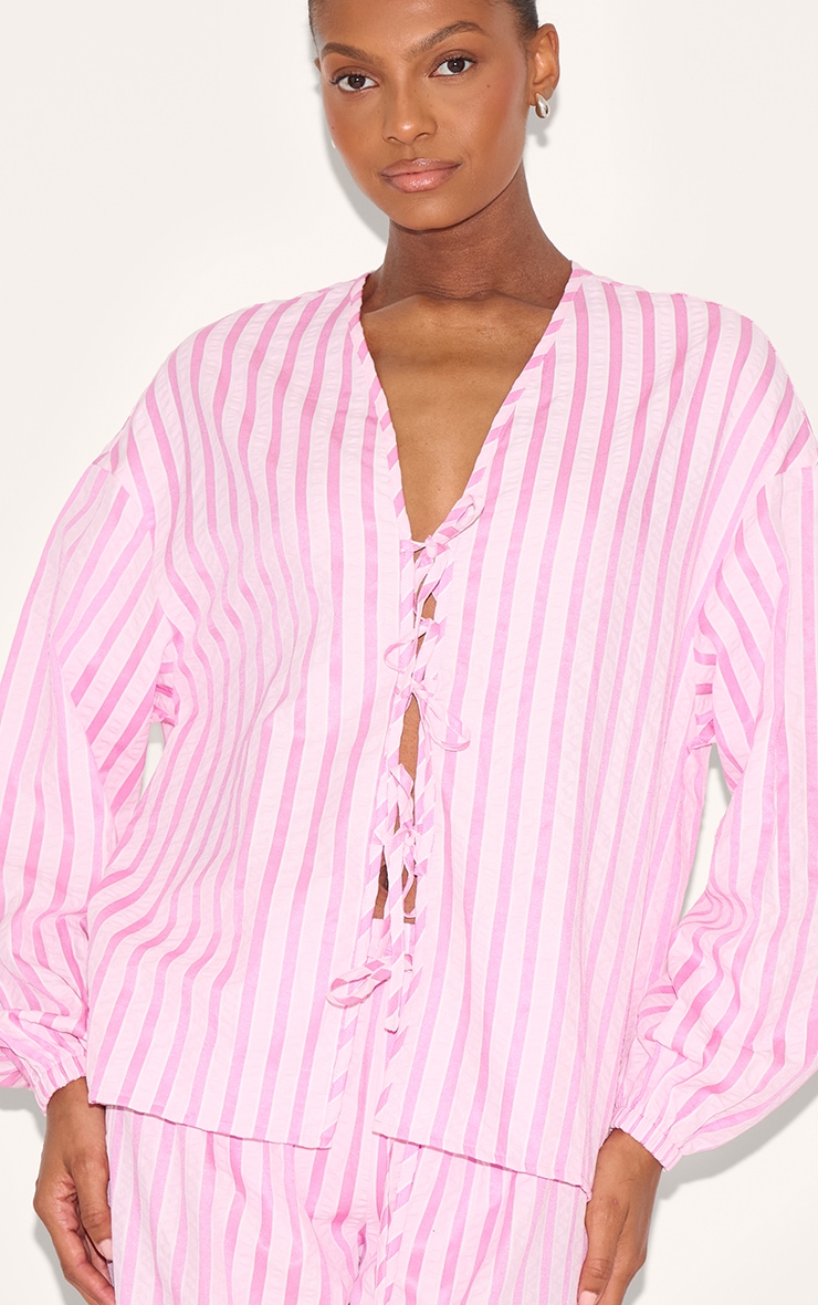 Pink Striped Textured Tie Front Shirt image 4