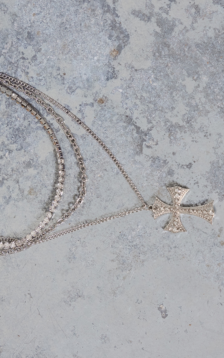 Silver Layered Cross Chain Necklace image 4