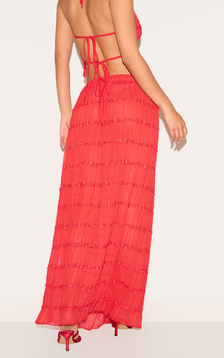 Tomato Chiffon Ruched Frill Detail Tiered Maxi Skirt image 3