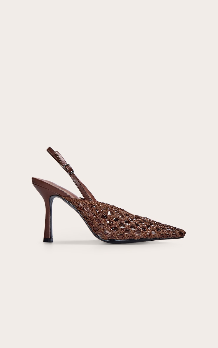 Chocolate Pu Point Toe Woven High Heeled Sling Back Courts image 1