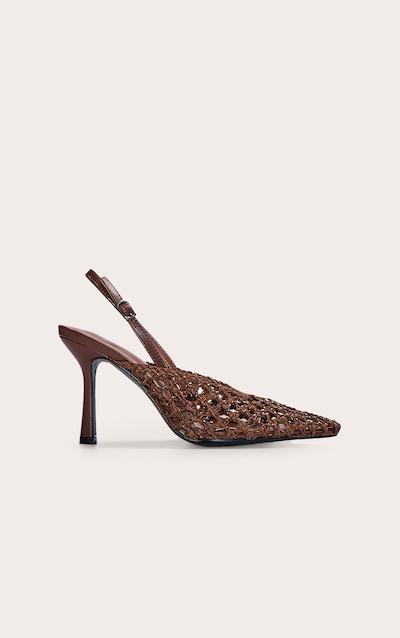 Escarpins pointus en PU tissé chocolat à talon haut et bride derrière
