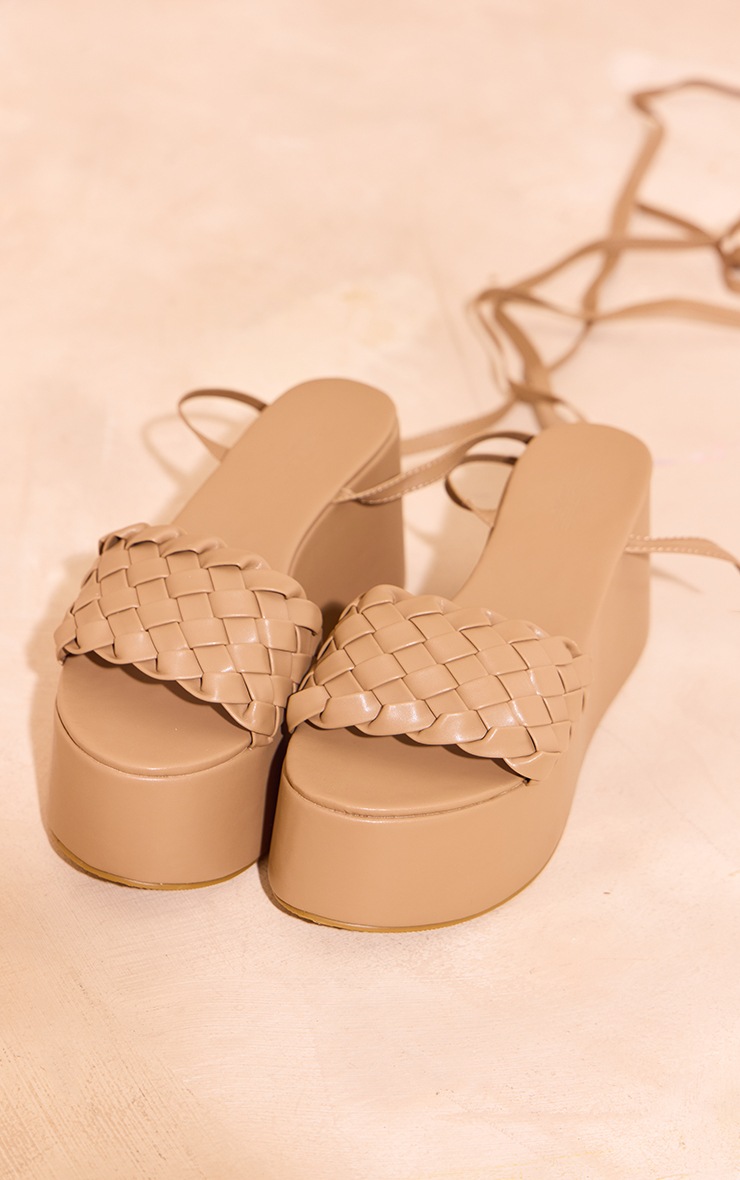 Brown PU Round Toe Woven Strap Lace Up Platform Sandals image 3