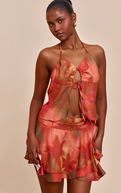 Multi Floral Printed Split Hem Halterneck Cami Top