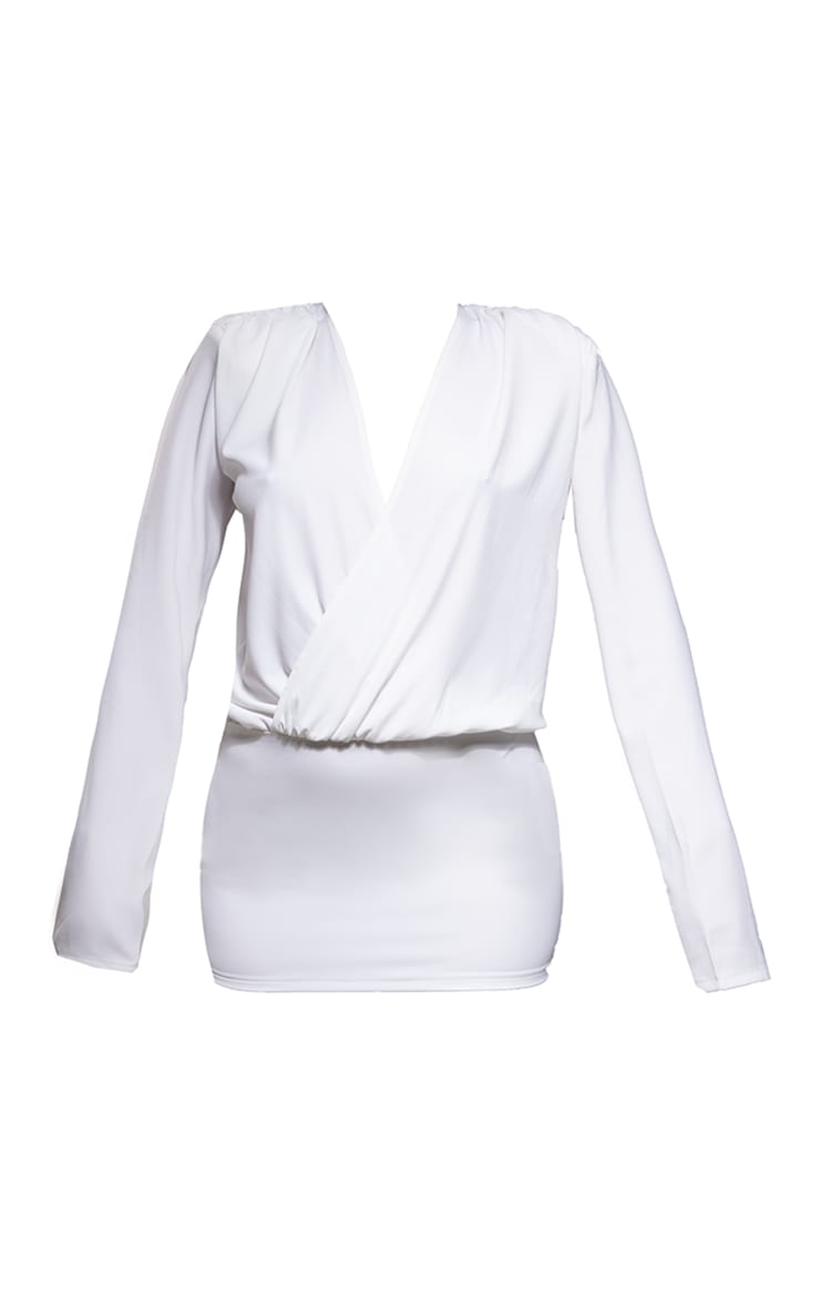 White Satin Plunge Shoulder Pad Shirt Dress PrettyLittleThing